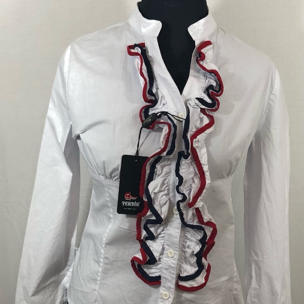 Tekbir Women Blouse Buttons Notched V- Neck Size S Ruffles Long Sleeves =D
